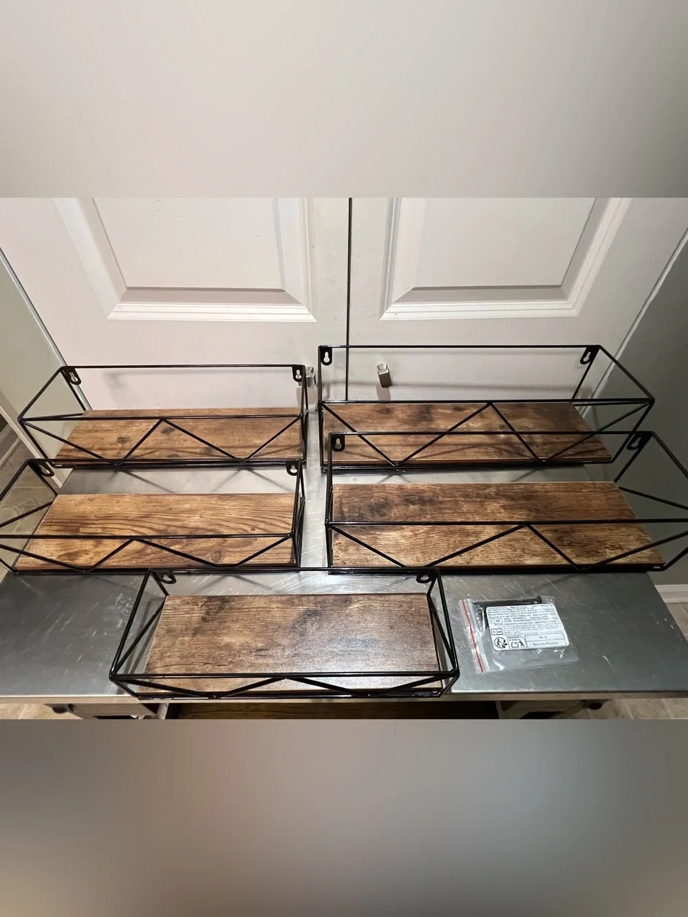 Rustic Brown Wood & Black Metal Wall Shelf Set of 5